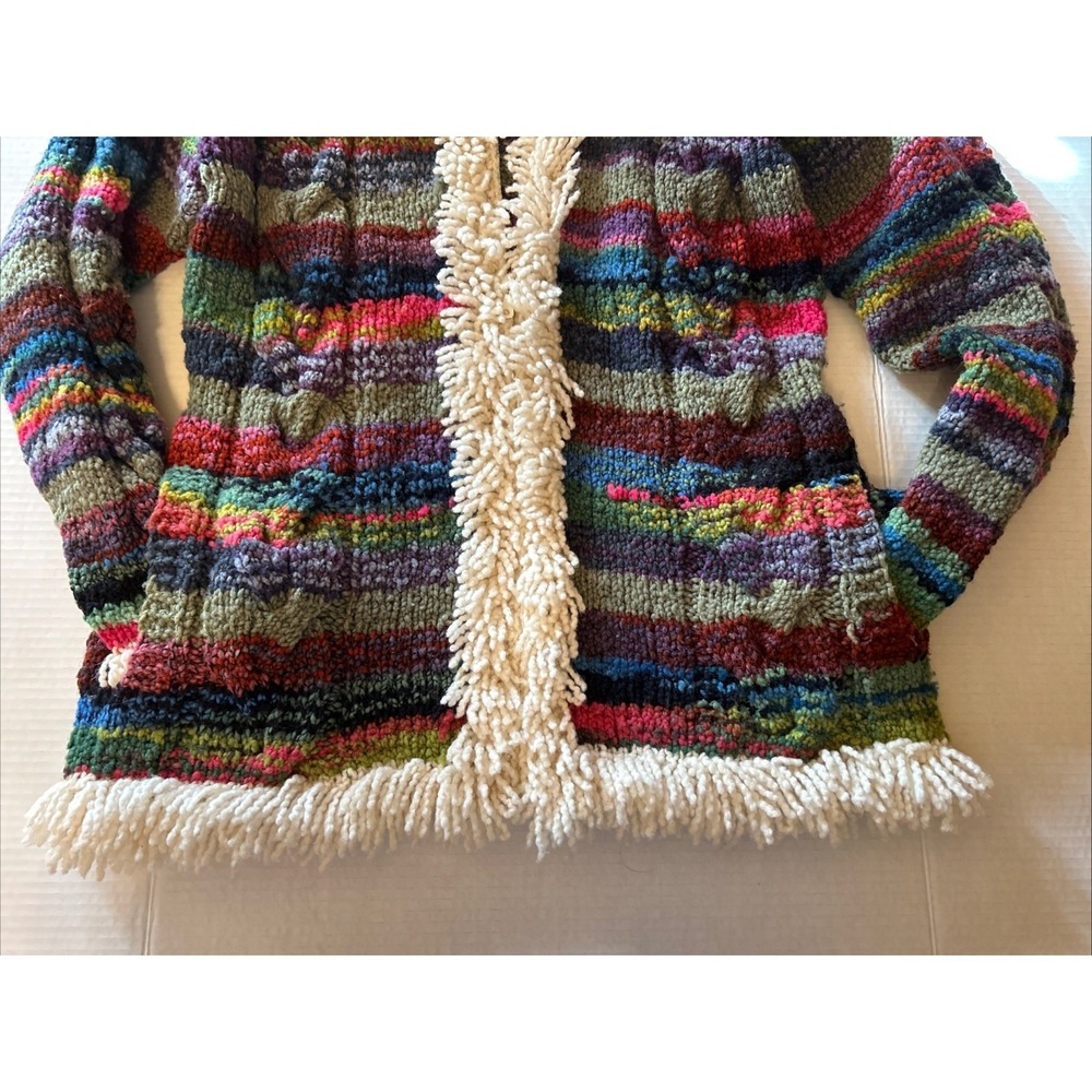 Hand Knitted Hooded Sweater Colorful Fringed Pockets Artist Made Heavy Knit - Picture 7 of 8